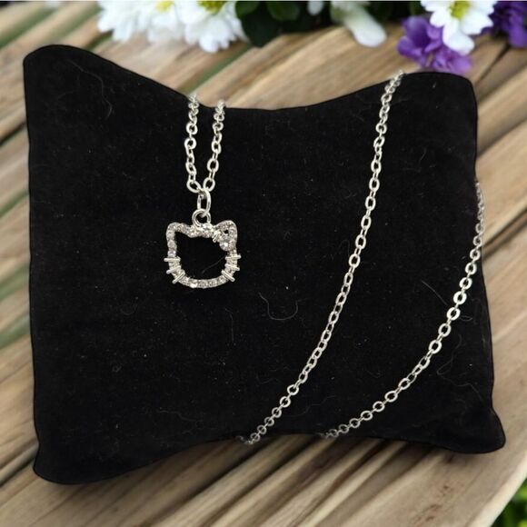 Hello Kitty Rhinestone Silver Pendant Cut-Out Necklace Cat Face Pendant Jewelry - Picture 6 of 6